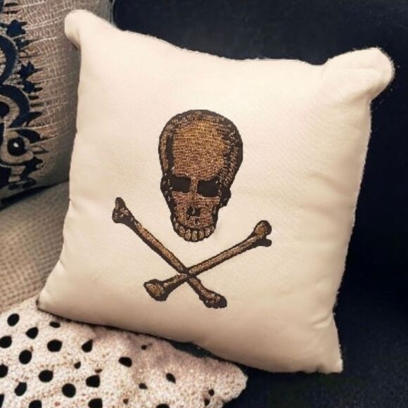 John Derian Beaded Gold Beaded Skull Pillow